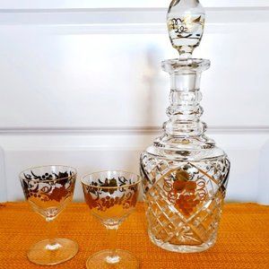 ANTIQUE BOHEMIAN MOSER GOLD CORDIAL/LIQUEUR GLASSES W/DECANTER